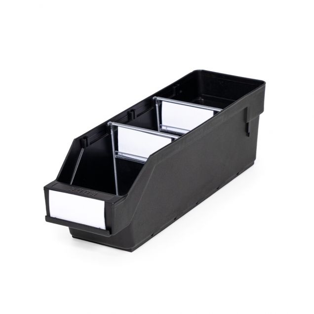 Magazijnbak 3009  Zwart (ESD) met 2 verdeelschotten en 3 labels 300x90x95mm (lxbxh)