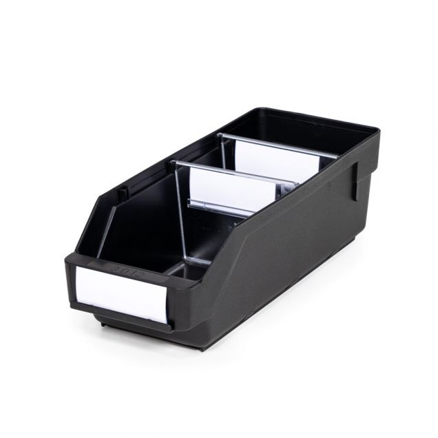 Magazijnbak 3012  Zwart (ESD) met 2 verdeelschotten en 3 labels 300x120x95mm (lxbxh)