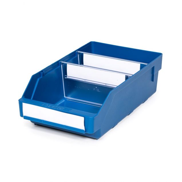 Magazijnbak 3018 Blauw met 2 verdeelschotten en 3 labels 300x180x95mm (lxbxh)
