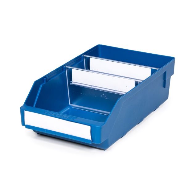 Magazijnbak 3018 Blauw met 2 verdeelschotten en 3 labels 300x180x95mm (lxbxh)