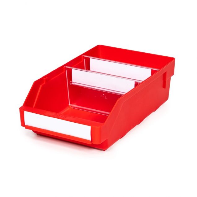 Magazijnbak 3018 Rood met 2 verdeelschotten en 3 labels 300x180x95mm (lxbxh)