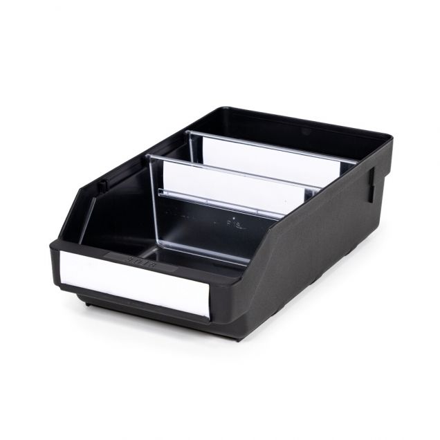 Magazijnbak 3018  Zwart (ESD) met 2 verdeelschotten en 3 labels 300x180x95mm (lxbxh)