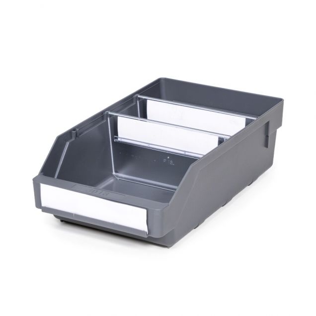 Magazijnbak 3018 Grijs met 2 verdeelschotten en 3 labels 300x180x95mm (lxbxh)