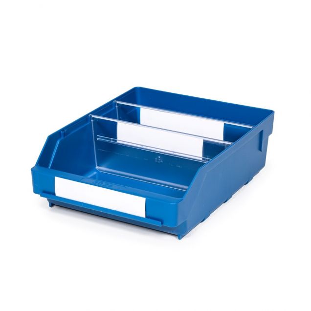 Magazijnbak 3024 Blauw met 2 verdeelschotten en 3 labels 300x240x95mm (lxbxh)
