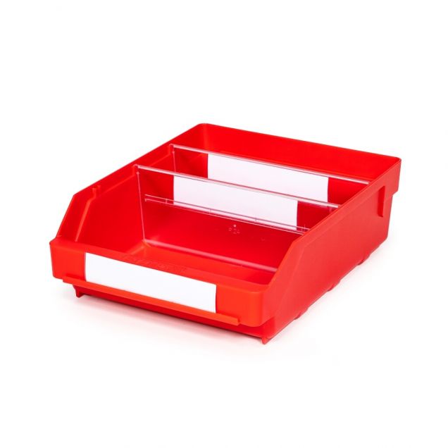 Magazijnbak 3024 Rood met 2 verdeelschotten en 3 labels 300x240x95mm (lxbxh)