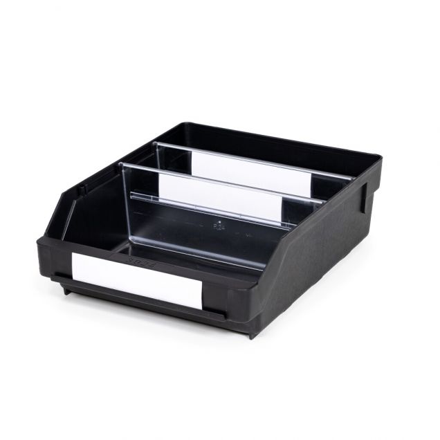 Magazijnbak 3024  Zwart (ESD) met 2 verdeelschotten en 3 labels 300x240x95mm (lxbxh)