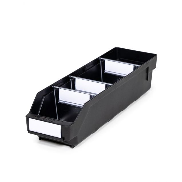 Magazijnbak 4012  Zwart (ESD) met 3 verdeelschotten en 4 labels 400x120x95mm (lxbxh)