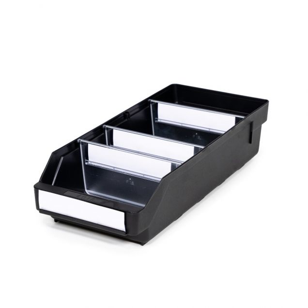 Magazijnbak 4018  Zwart (ESD) met 3 verdeelschotten en 4 labels 400x180x95mm (lxbxh)