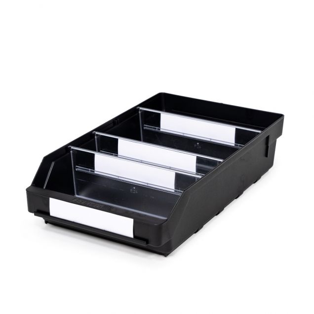 Magazijnbak 4024  Zwart (ESD) met 3 verdeelschotten en 4 labels 400x240x95mm (lxbxh)