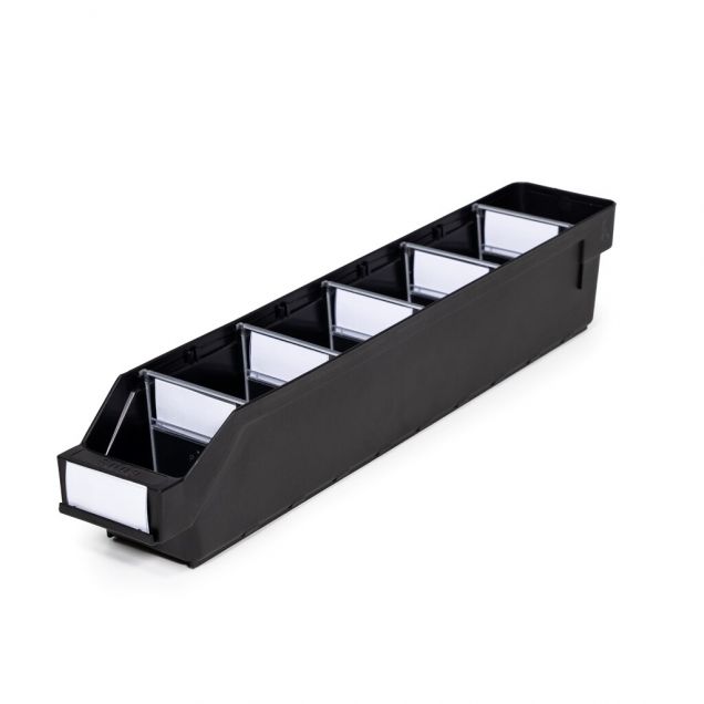 Magazijnbak 5009 Zwart (ESD) met 5 verdeelschotten en 6 labels 500x90x95mm (lxbxh)