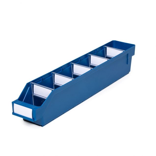 Magazijnbak 5009 Blauw met 5 verdeelschotten en 6 labels 500x90x95mm (lxbxh)