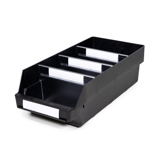 Magazijnbak 5024-15  Zwart (ESD) met 3 verdeelschotten en 4 labels 500x240x150mm (lxbxh)