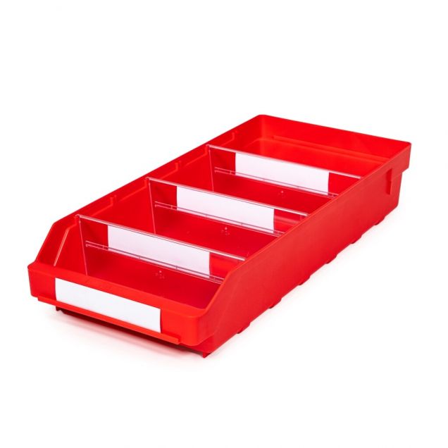 Magazijnbak 5024 Rood met 3 verdeelschotten en 4 labels 500x240x95mm (lxbxh)
