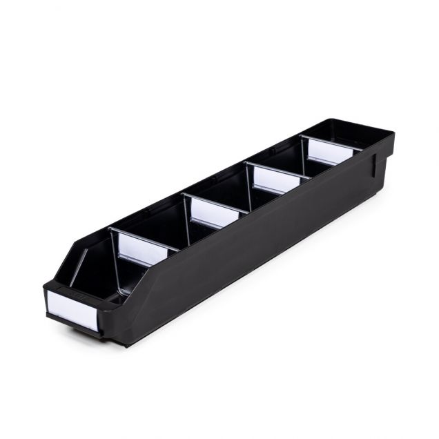 Magazijnbak 6012 Zwart (ESD) met 4 verdeelschotten en 5 labels 600x120x95mm (lxbxh)