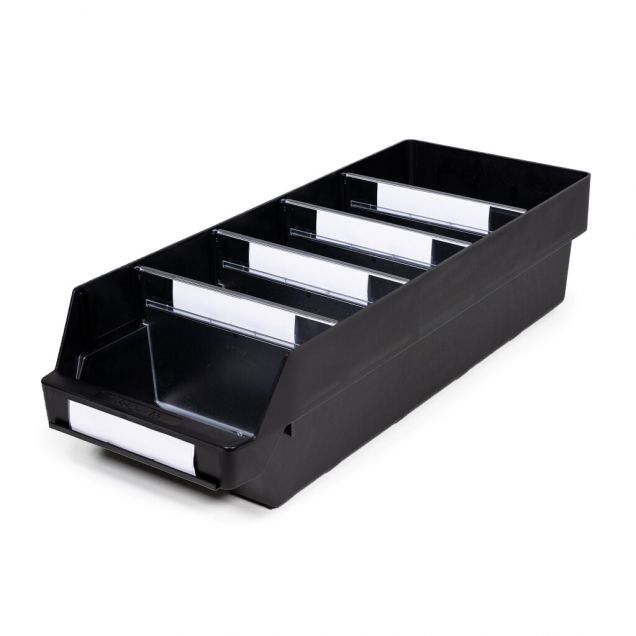 Magazijnbak 6024-15  Zwart (ESD) met 4 verdeelschotten en 5 labels 600x240x150mm (lxbxh)