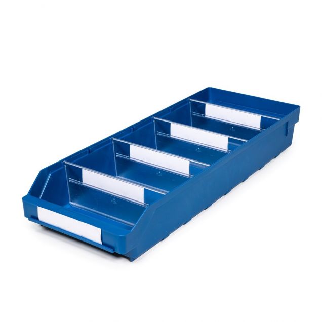 Magazijnbak 6024 Blauw met 4 verdeelschotten en 5 labels 600x240x95mm (lxbxh)