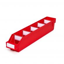 Magazijnbak 5009 Rood met 5 verdeelschotten en 6 labels 500x90x95mm (lxbxh)